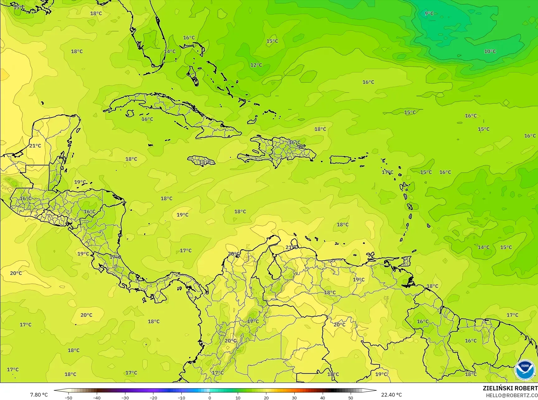 GFS model - Caribbean, Temperature at 850hPa