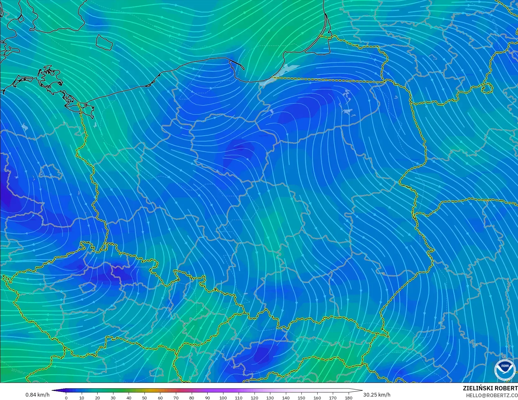 GFS model - Poland, Wind at 10m