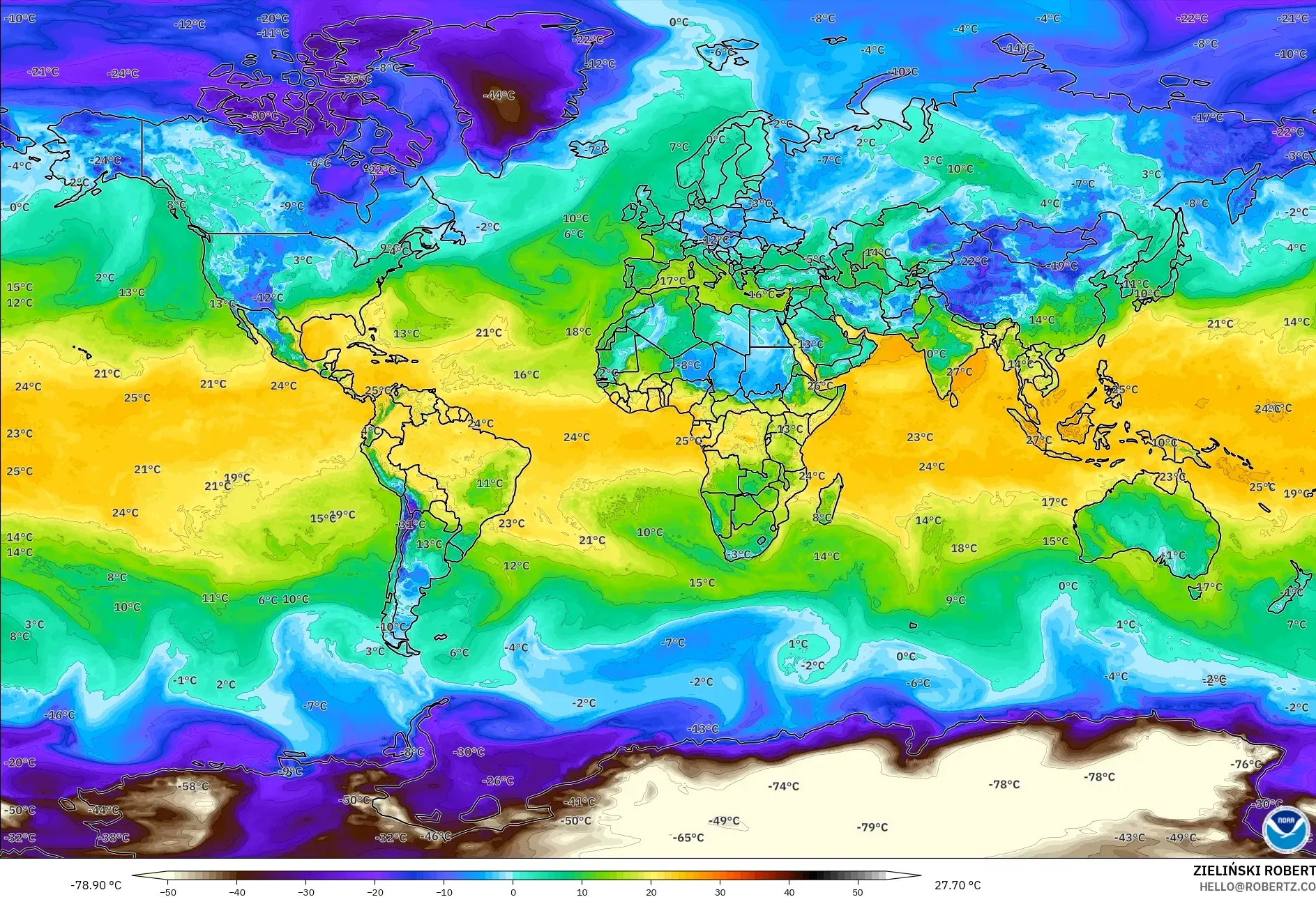 GFS model - World, Dewpoint at 2m