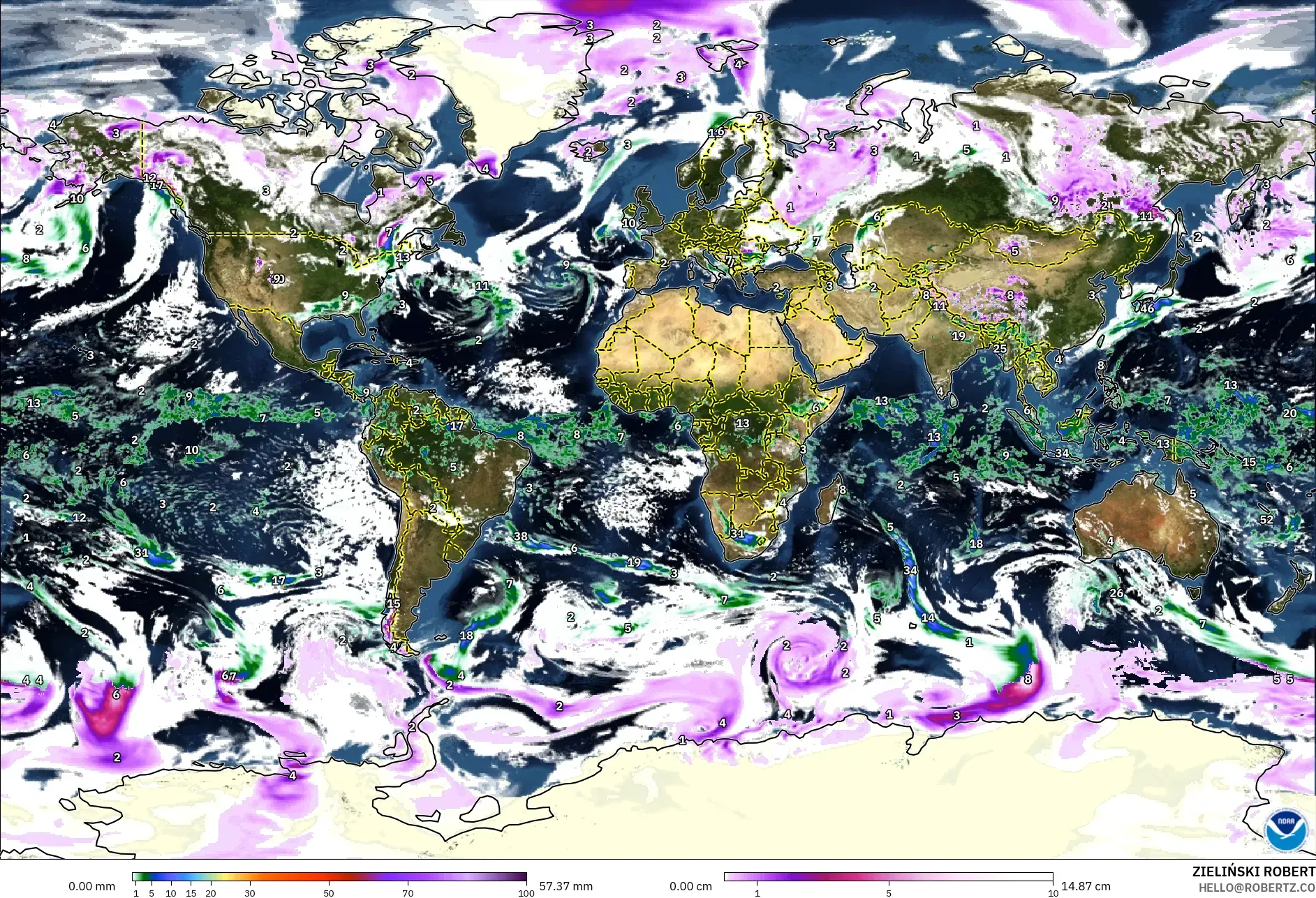 GFS model - World, Precipitation, Clouds, and Pressure