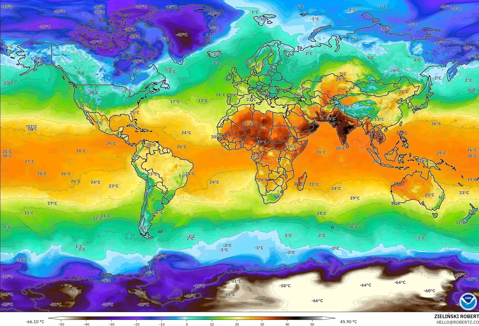 GFS model - World, Temperature at 2m