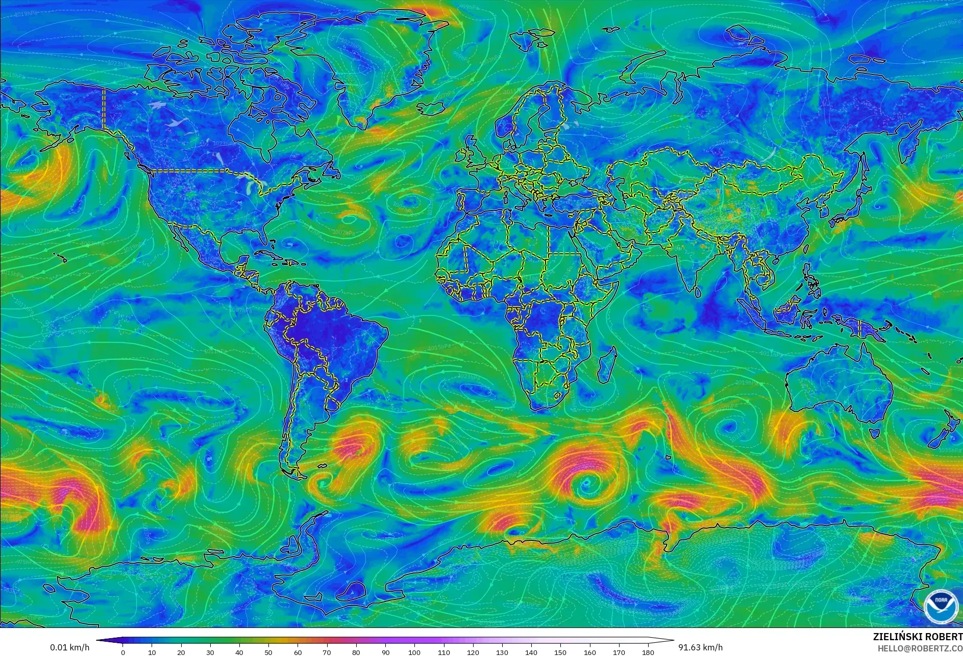 GFS model - World, Wind at 10m