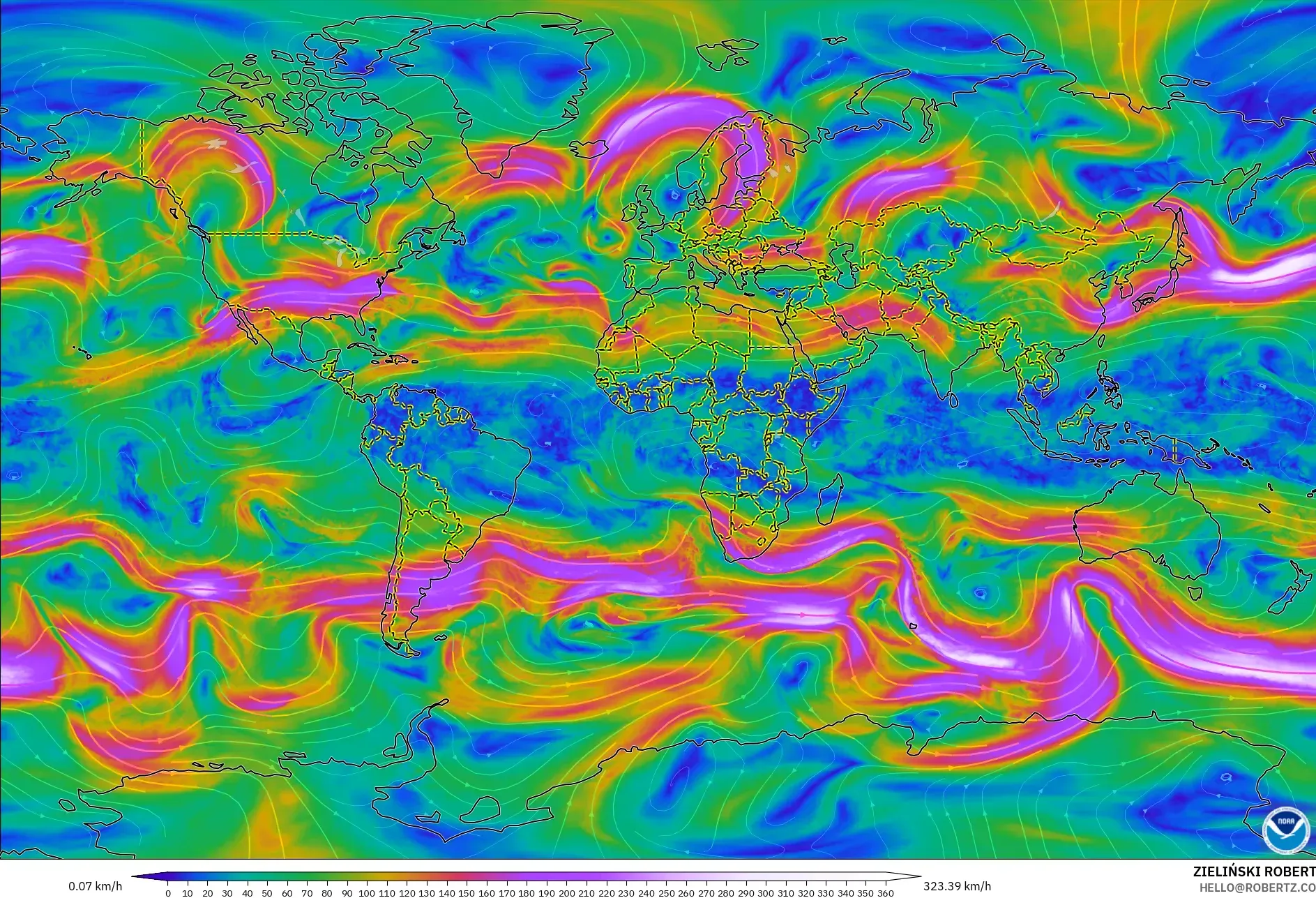 GFS model - World, Wind at 300hPa (jet stream)