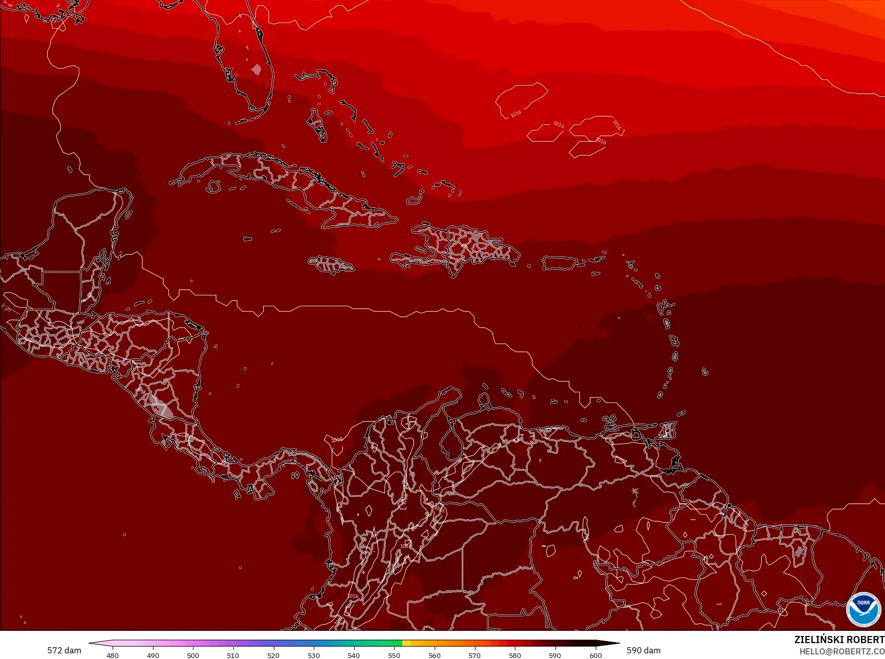 GFS model - Caribbean, Geopotential height at 500hPa