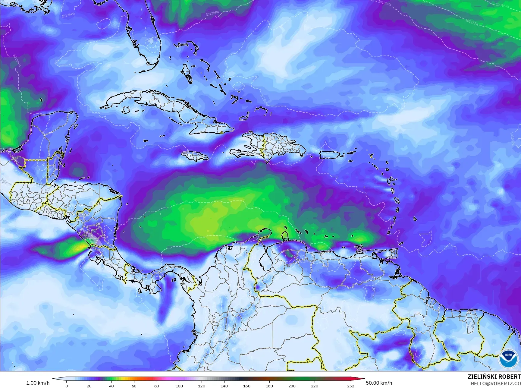 GFS model - Caribbean, Wind Gusts Peak