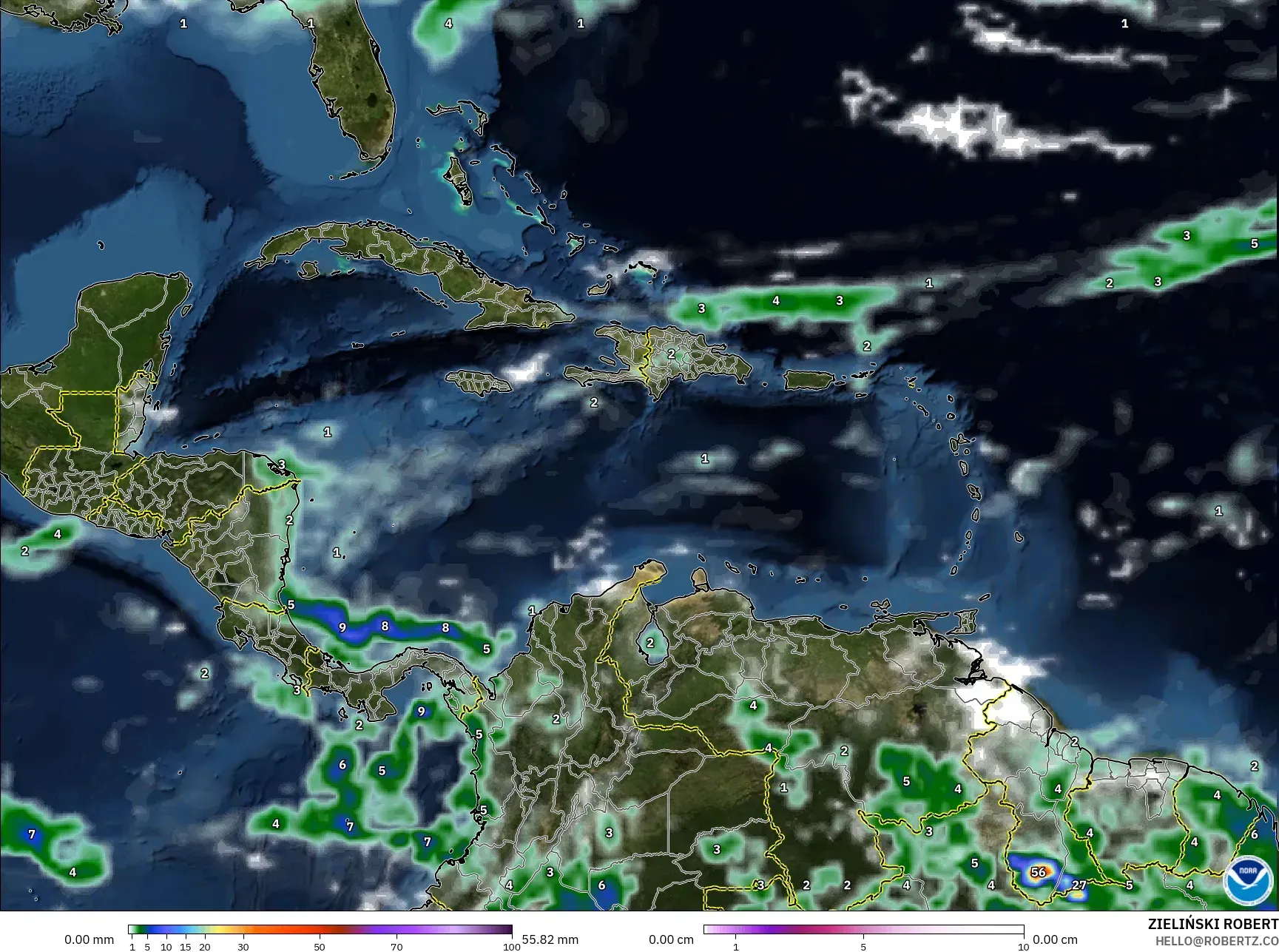 GFS model - Caribbean, Precipitation, Clouds, and Pressure