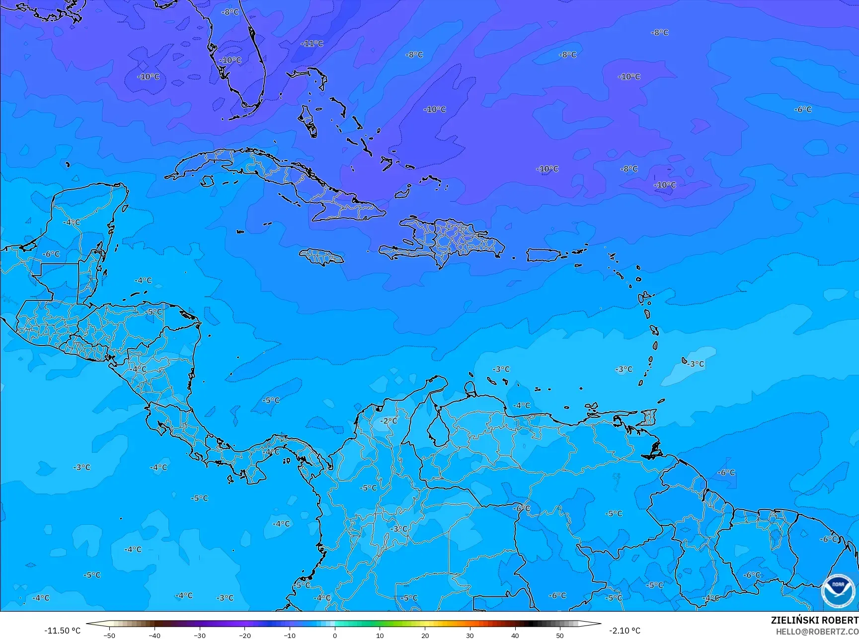 GFS model - Caribbean, Temperature at 500hPa