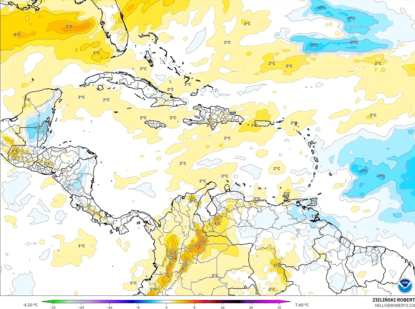 GFS model - Caribbean, Temperature at 850hPa Anomaly