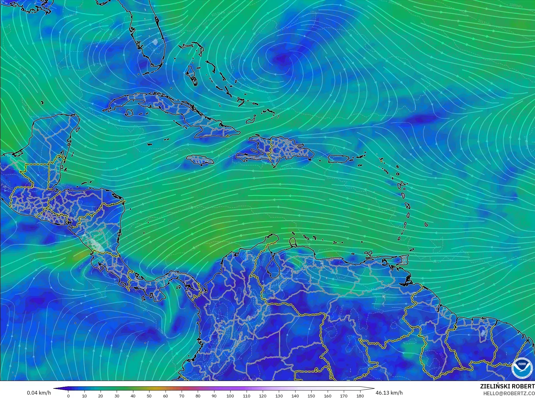 GFS model - Caribbean, Wind at 10m