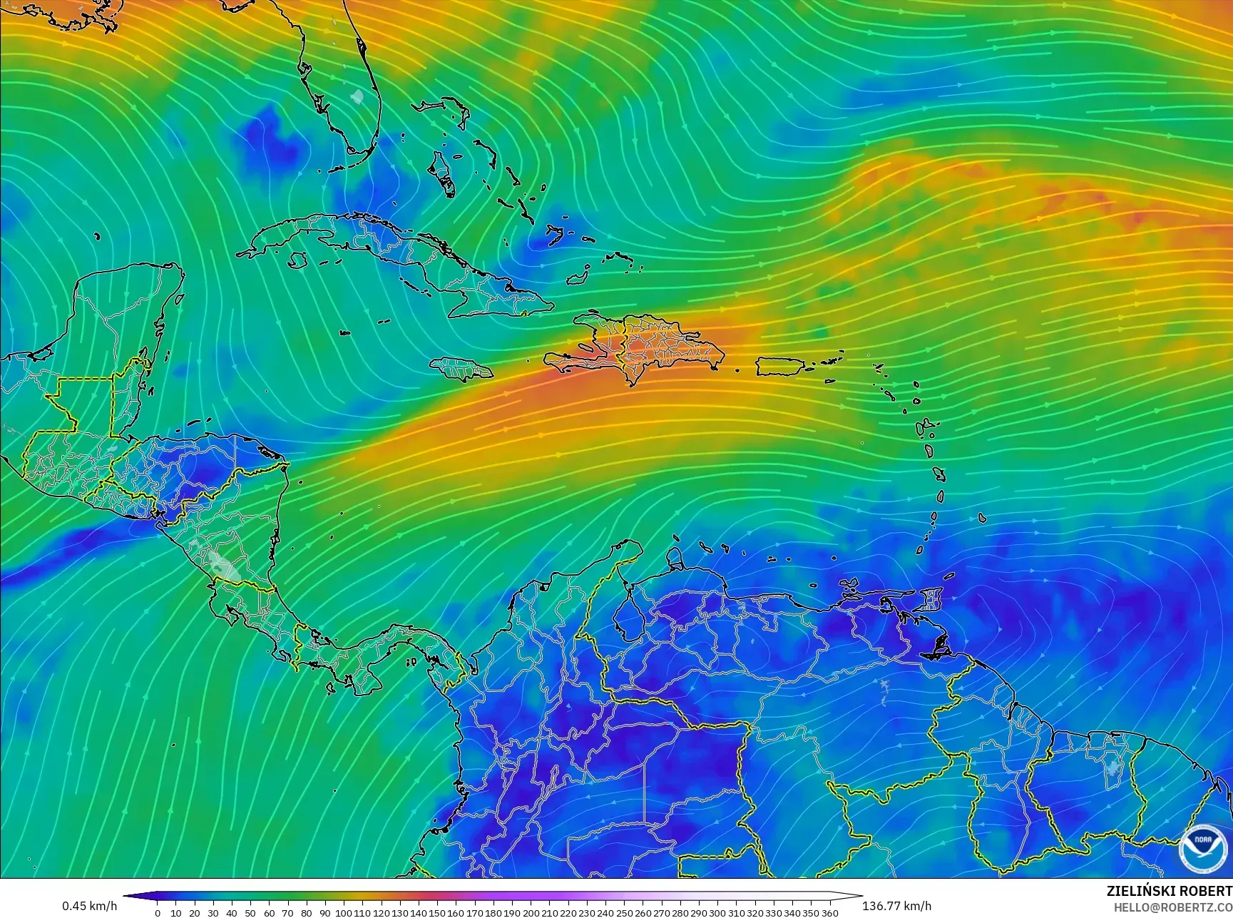 GFS model - Caribbean, Wind at 300hPa (jet stream)