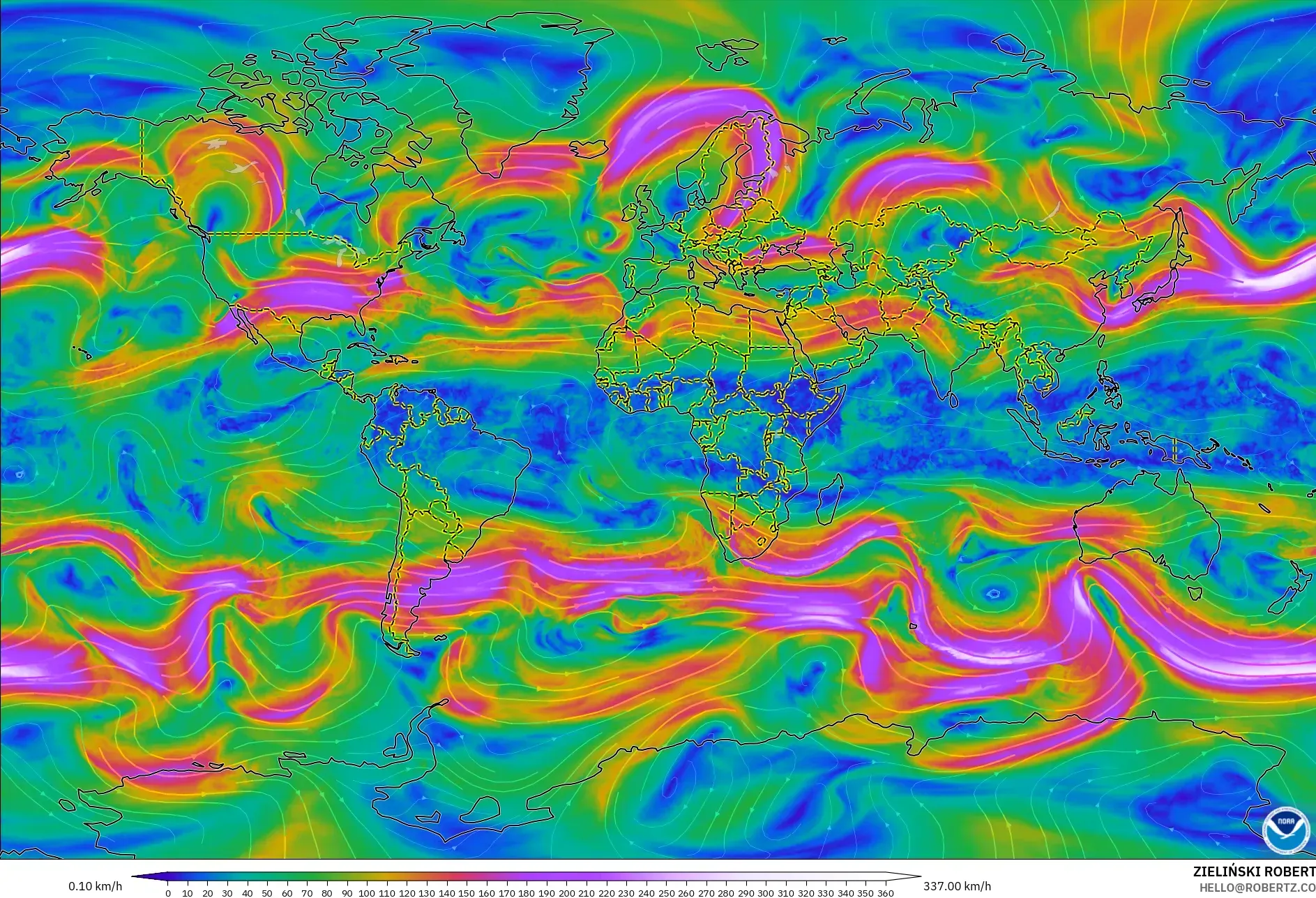GFS model - World, Wind at 300hPa (jet stream)