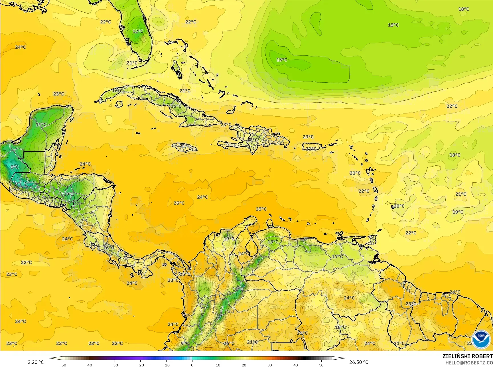 GFS model - Caribbean, Dewpoint at 2m