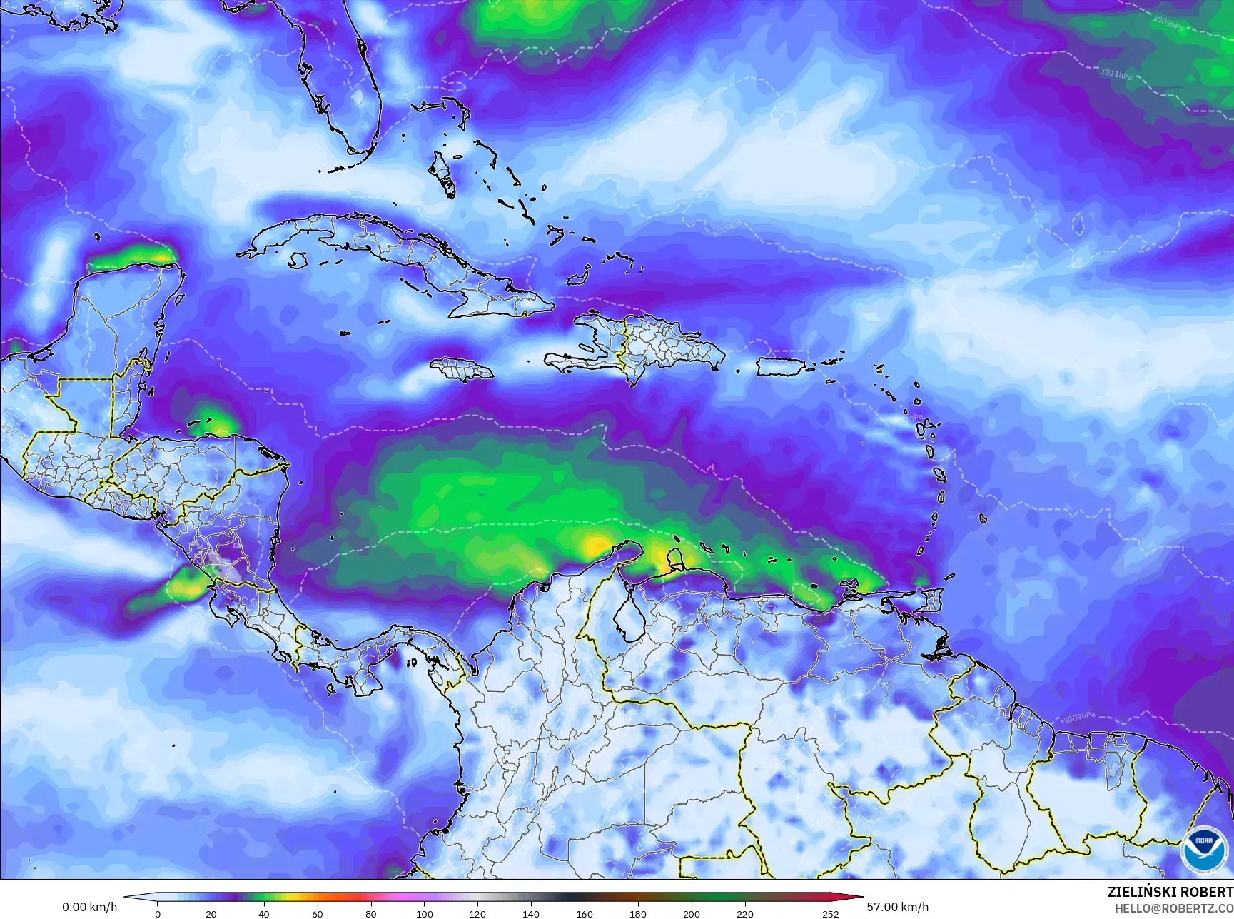 GFS model - Caribbean, Wind Gusts Peak