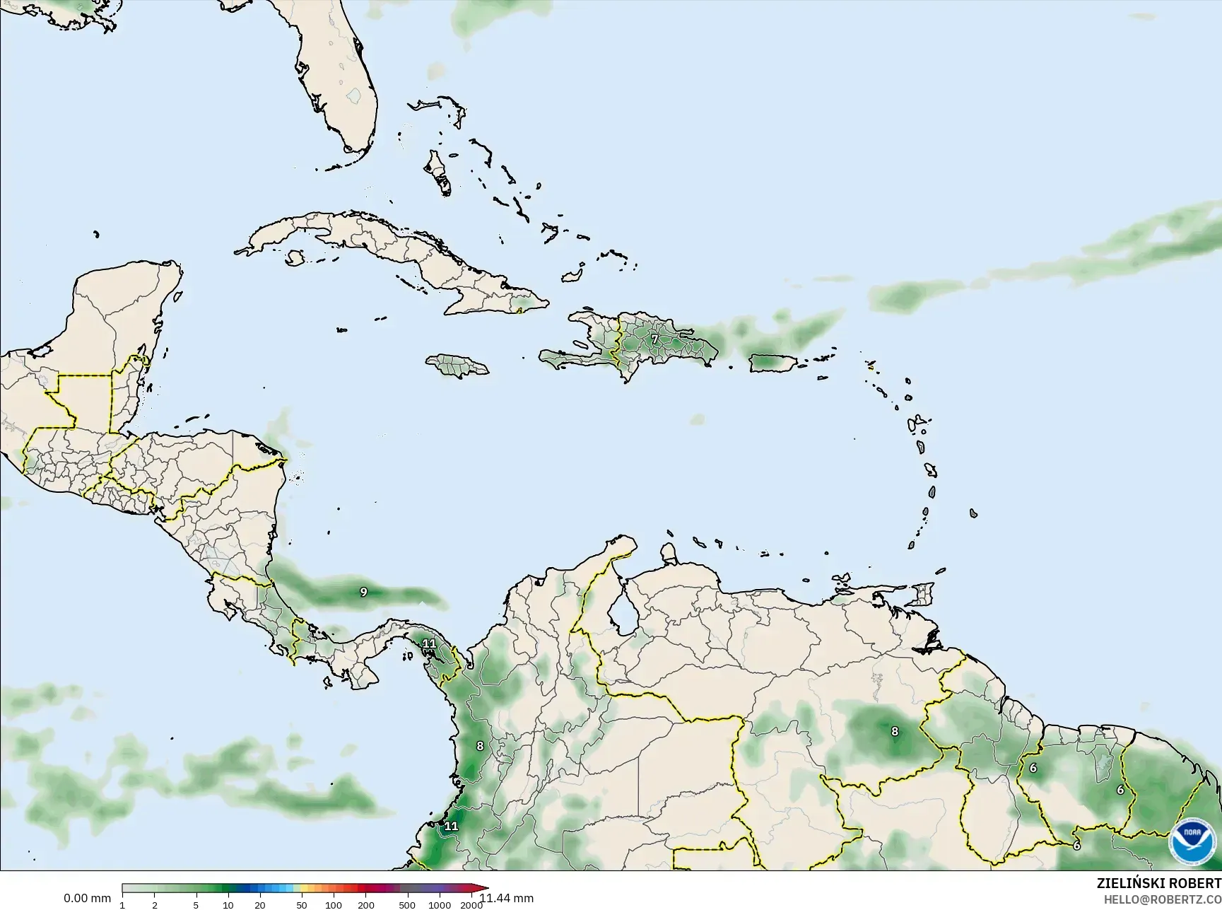 GFS model - Caribbean, Precipitation Accumulation