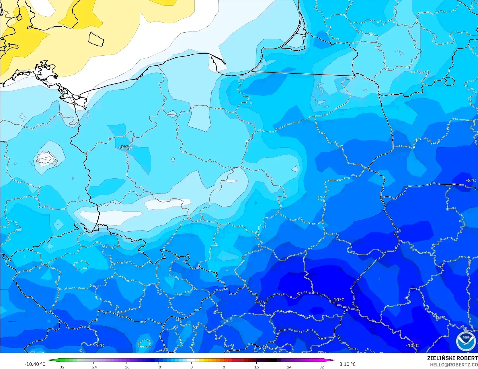 GFS model - Poland, Temperature at 2m Anomaly