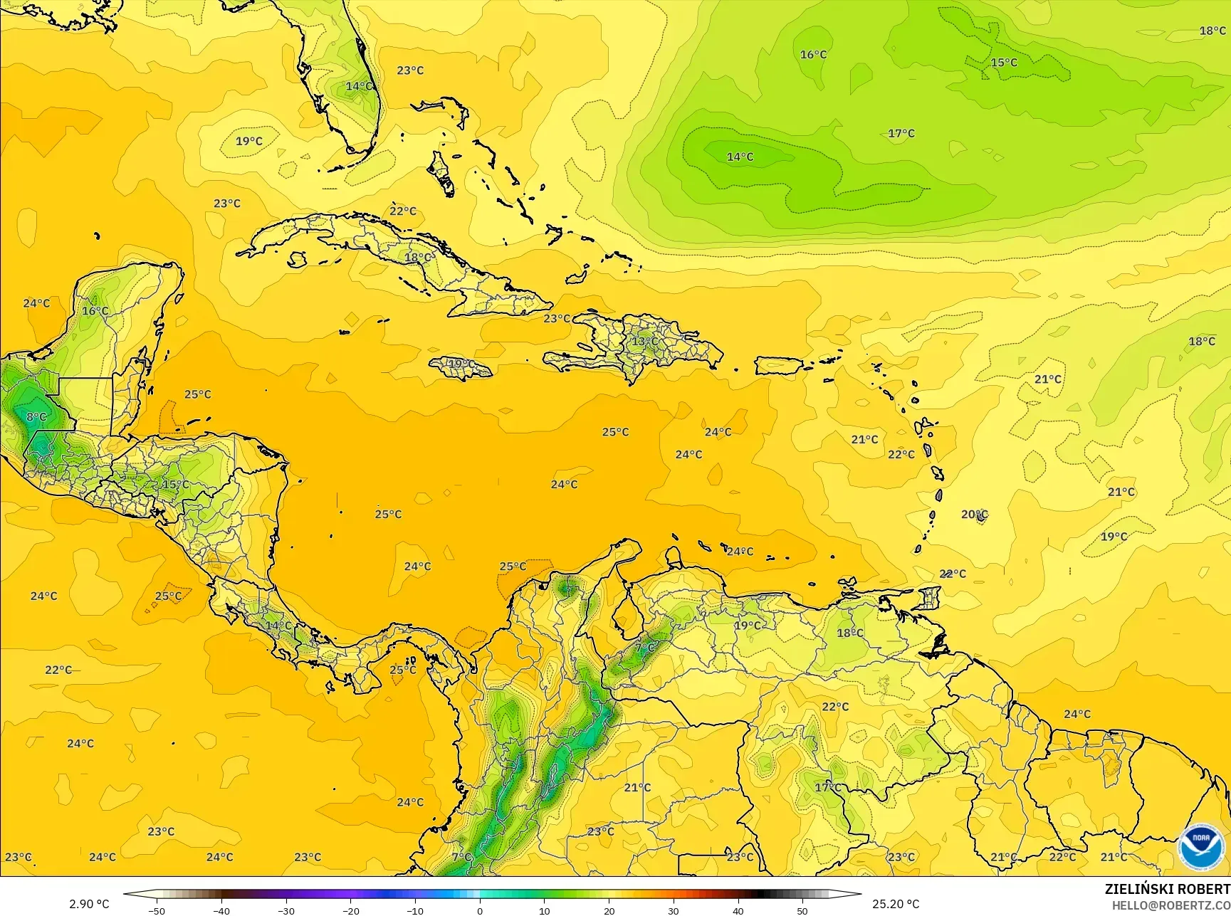 GFS model - Caribbean, Dewpoint at 2m