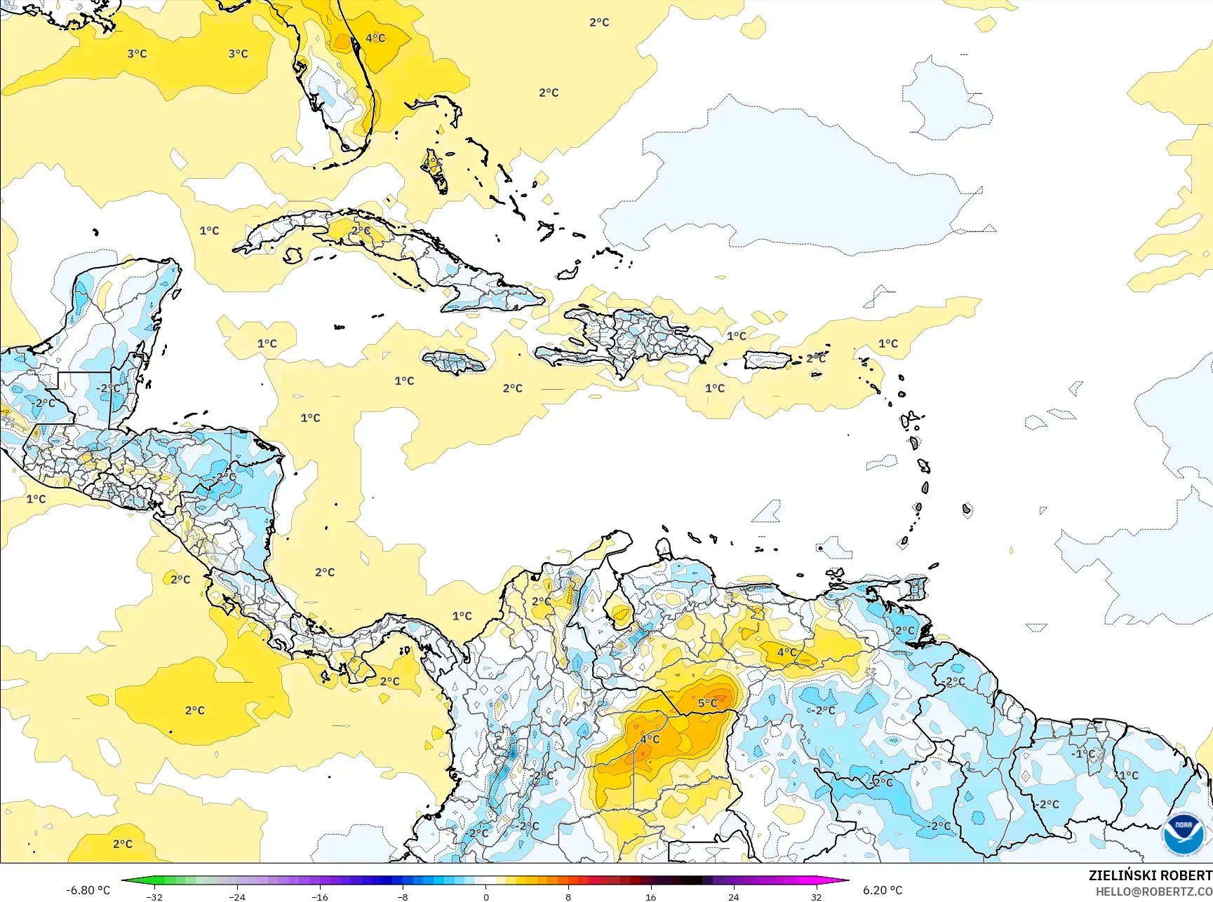 GFS model - Caribbean, Temperature at 2m Anomaly