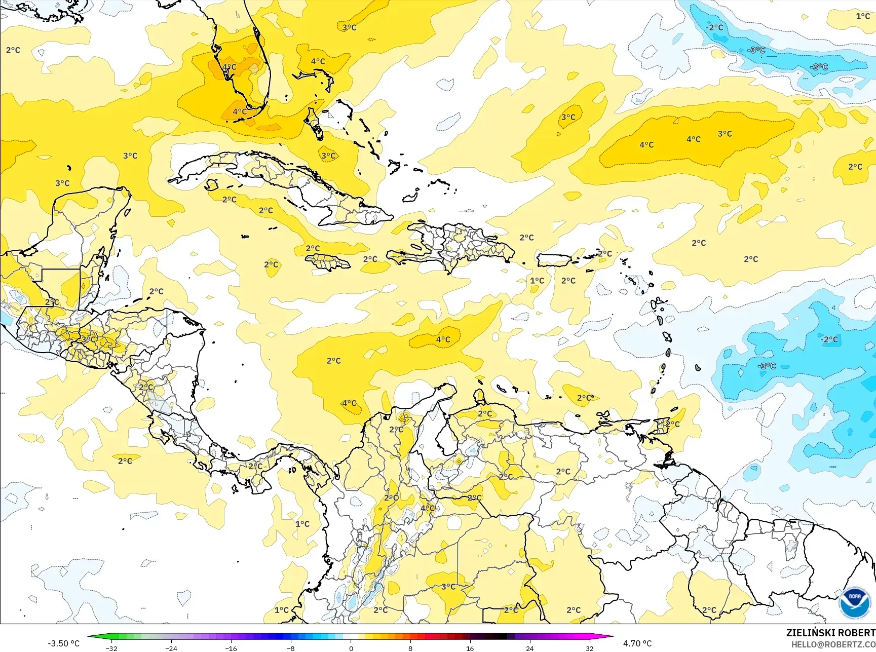 GFS model - Caribbean, Temperature at 850hPa Anomaly