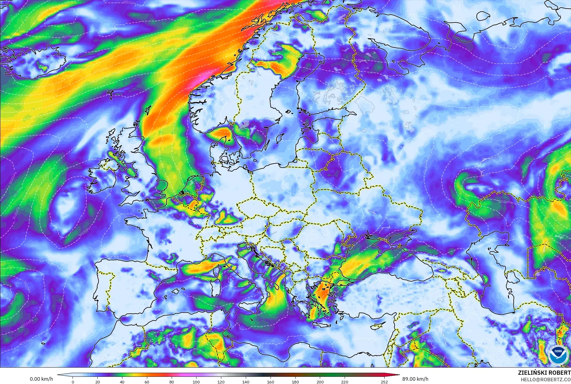 GFS model - Europe, Wind Gusts