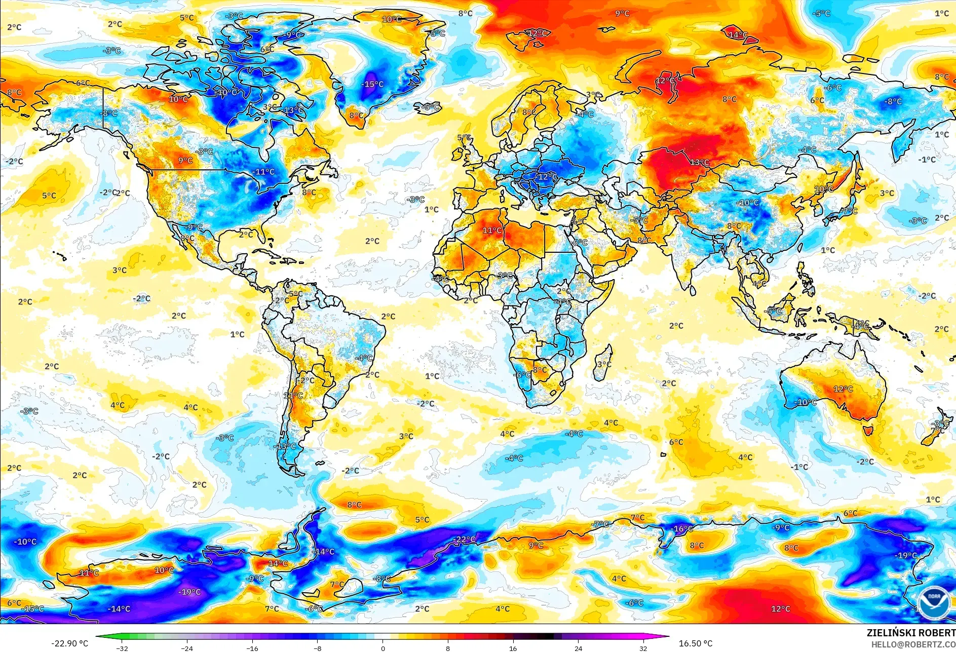 GFS model - World, Temperature at 2m Anomaly