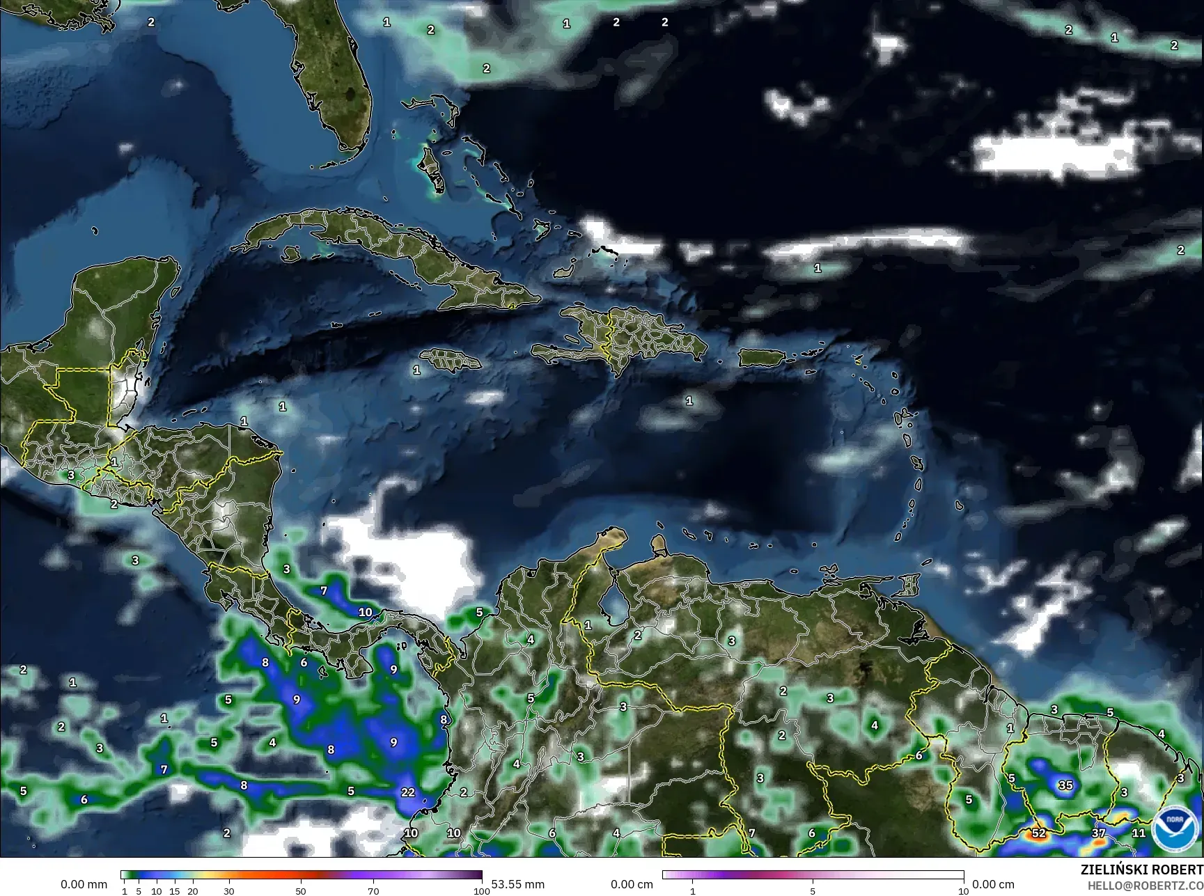 GFS model - Caribbean, Precipitation, Clouds, and Pressure
