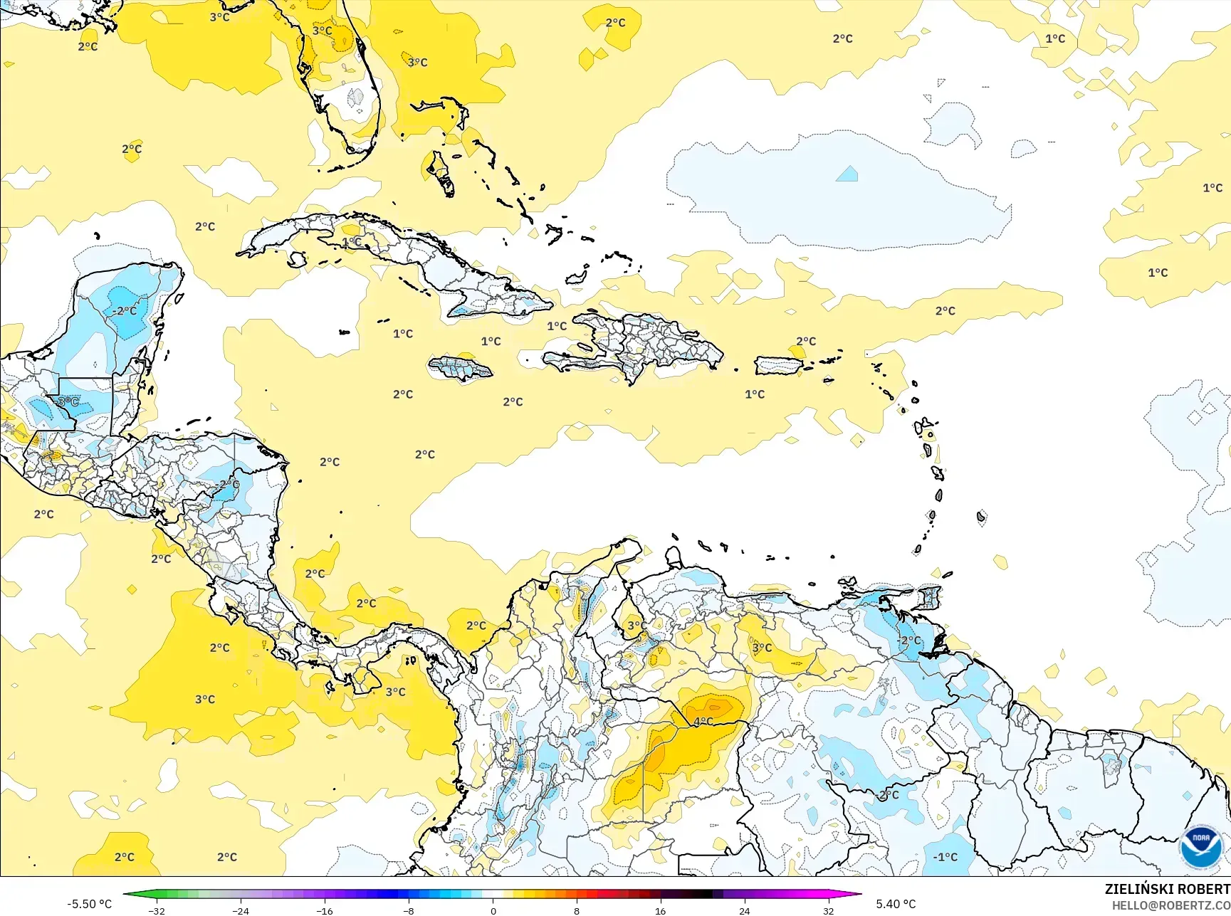 GFS model - Caribbean, Temperature at 2m Anomaly