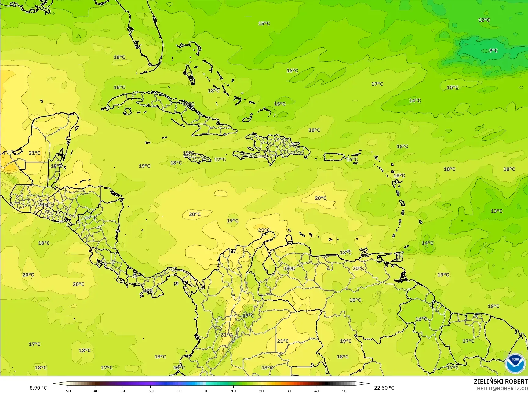 GFS model - Caribbean, Temperature at 850hPa
