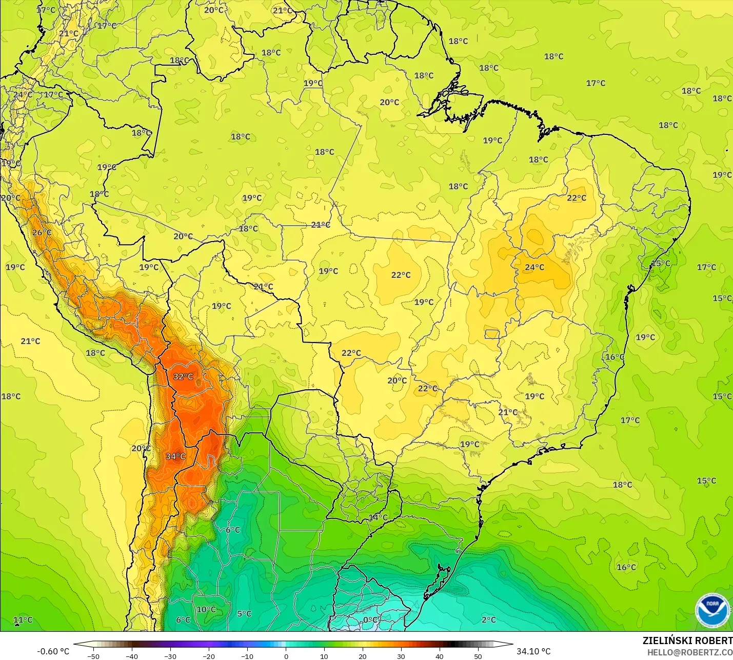GFS model - Brazil, Temperature at 850hPa