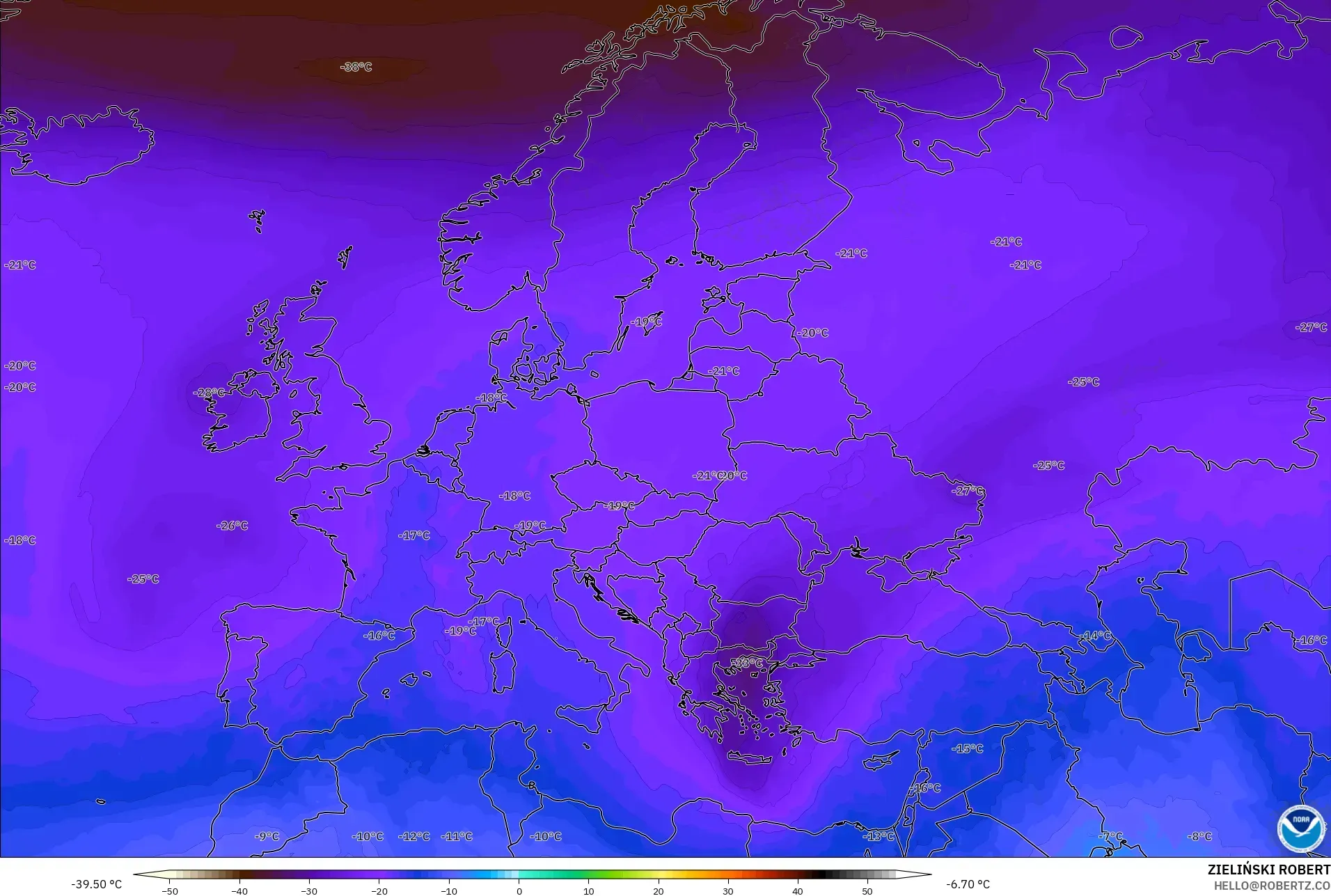 GFS model - Europe, Temperature at 500hPa