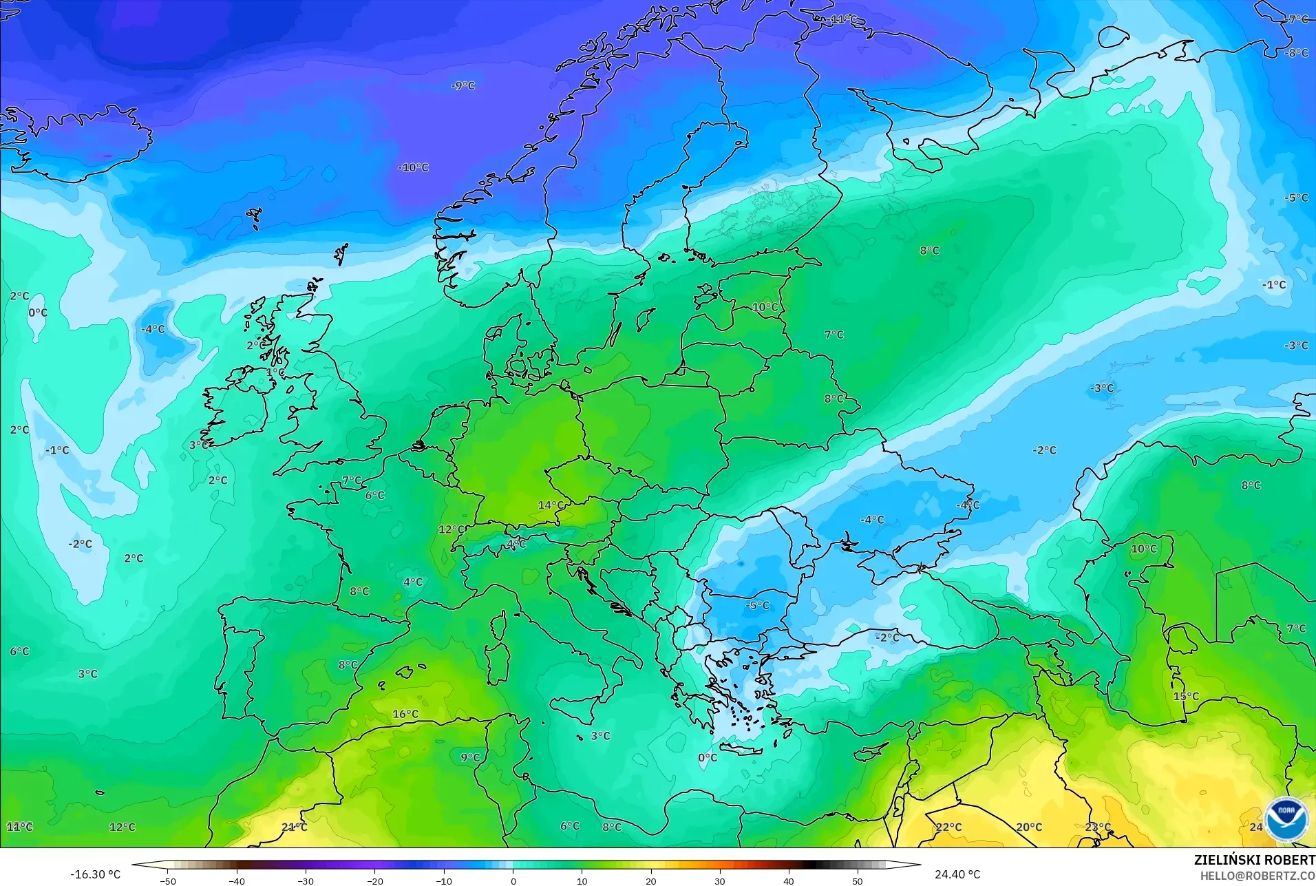 GFS model - Europe, Temperature at 850hPa