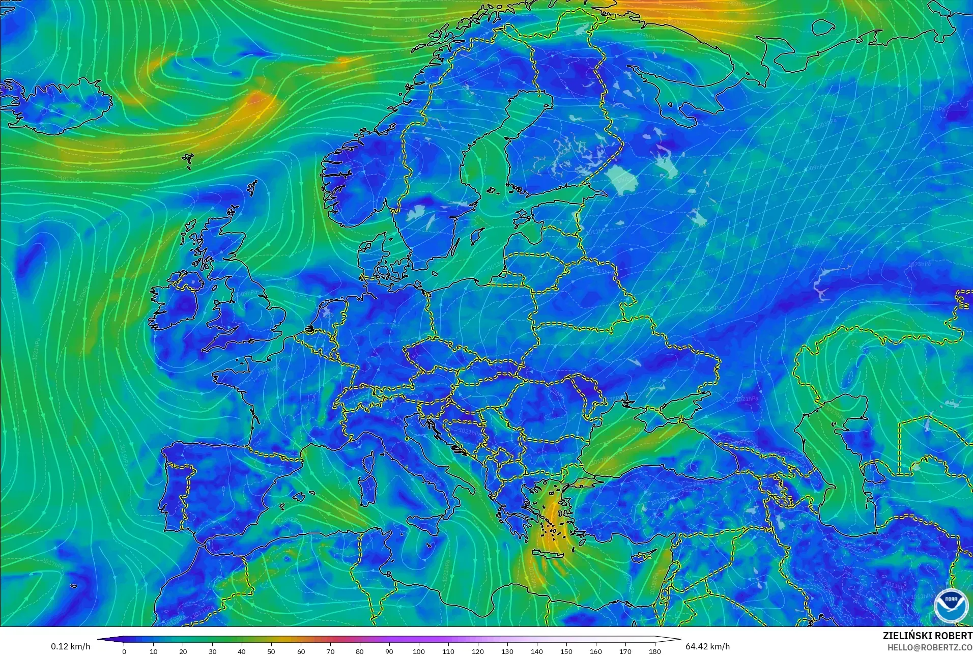 GFS model - Europe, Wind at 10m