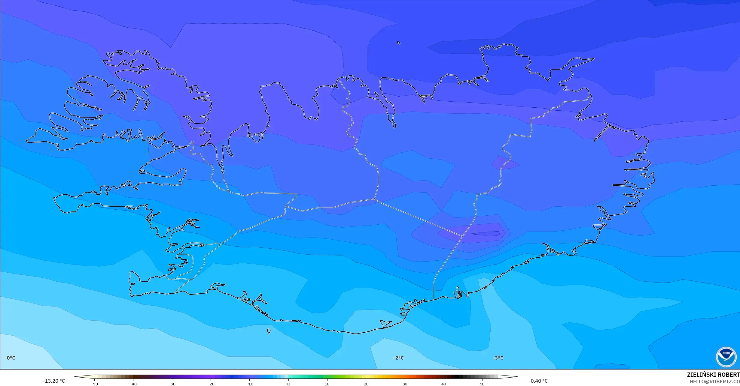 GFS model - Iceland, Temperature at 850hPa