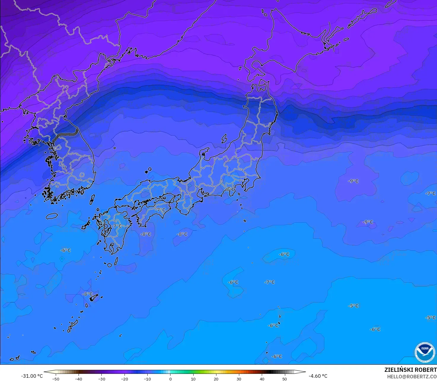 GFS model - Japan, Temperature at 500hPa
