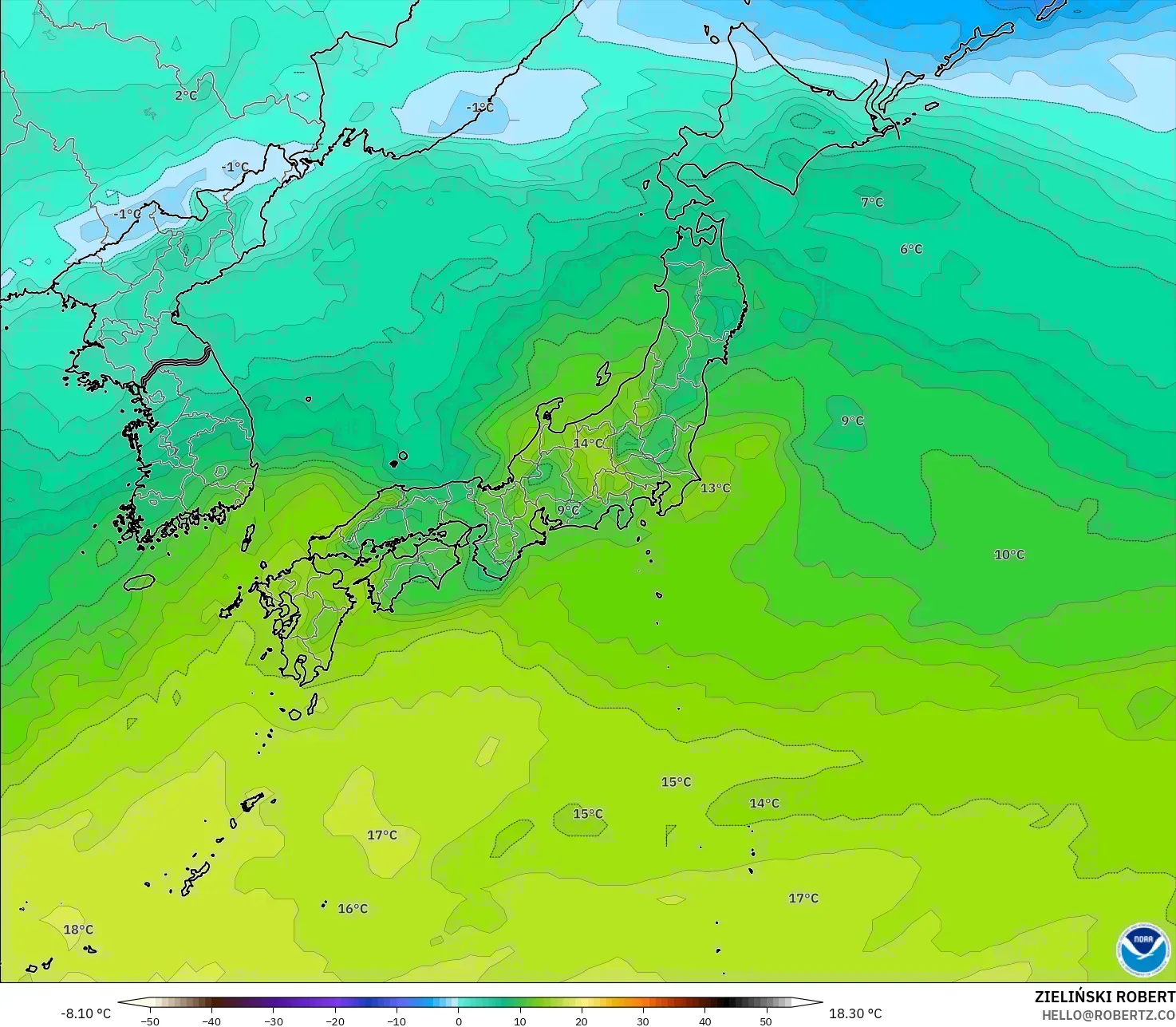 GFS model - Japan, Temperature at 850hPa