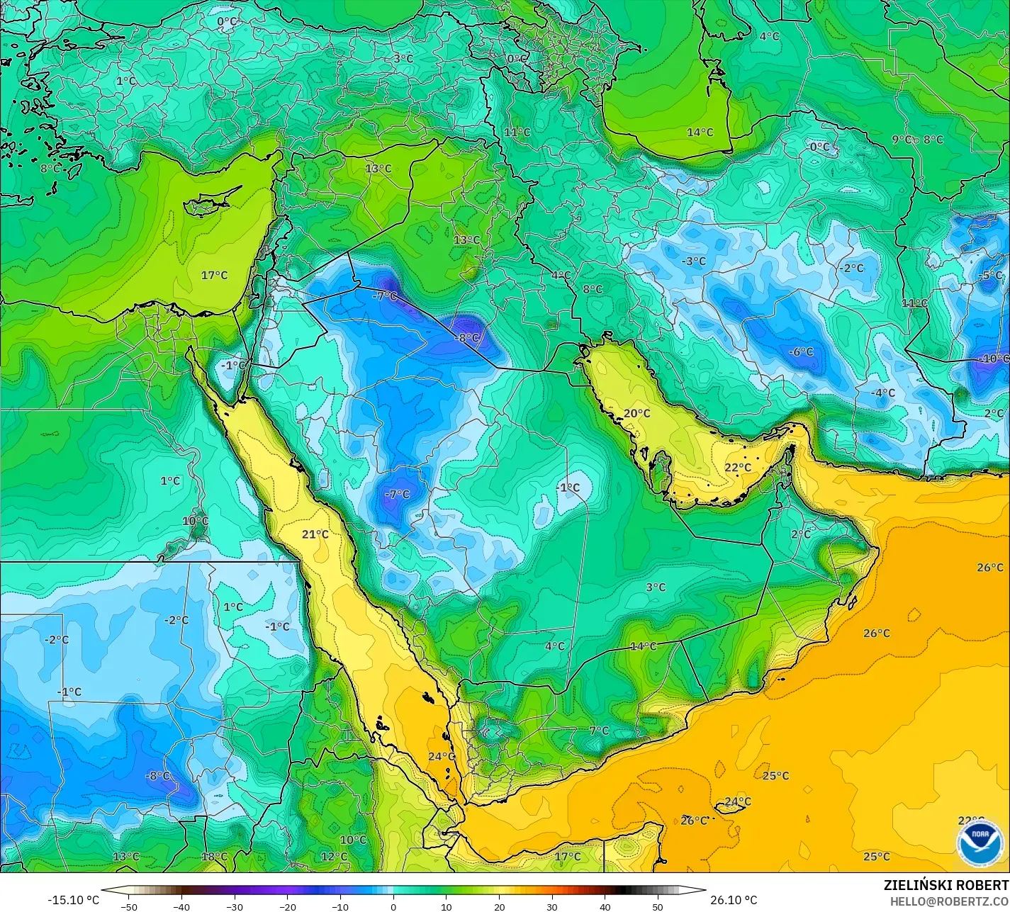 GFS model - Middle East, Dewpoint at 2m