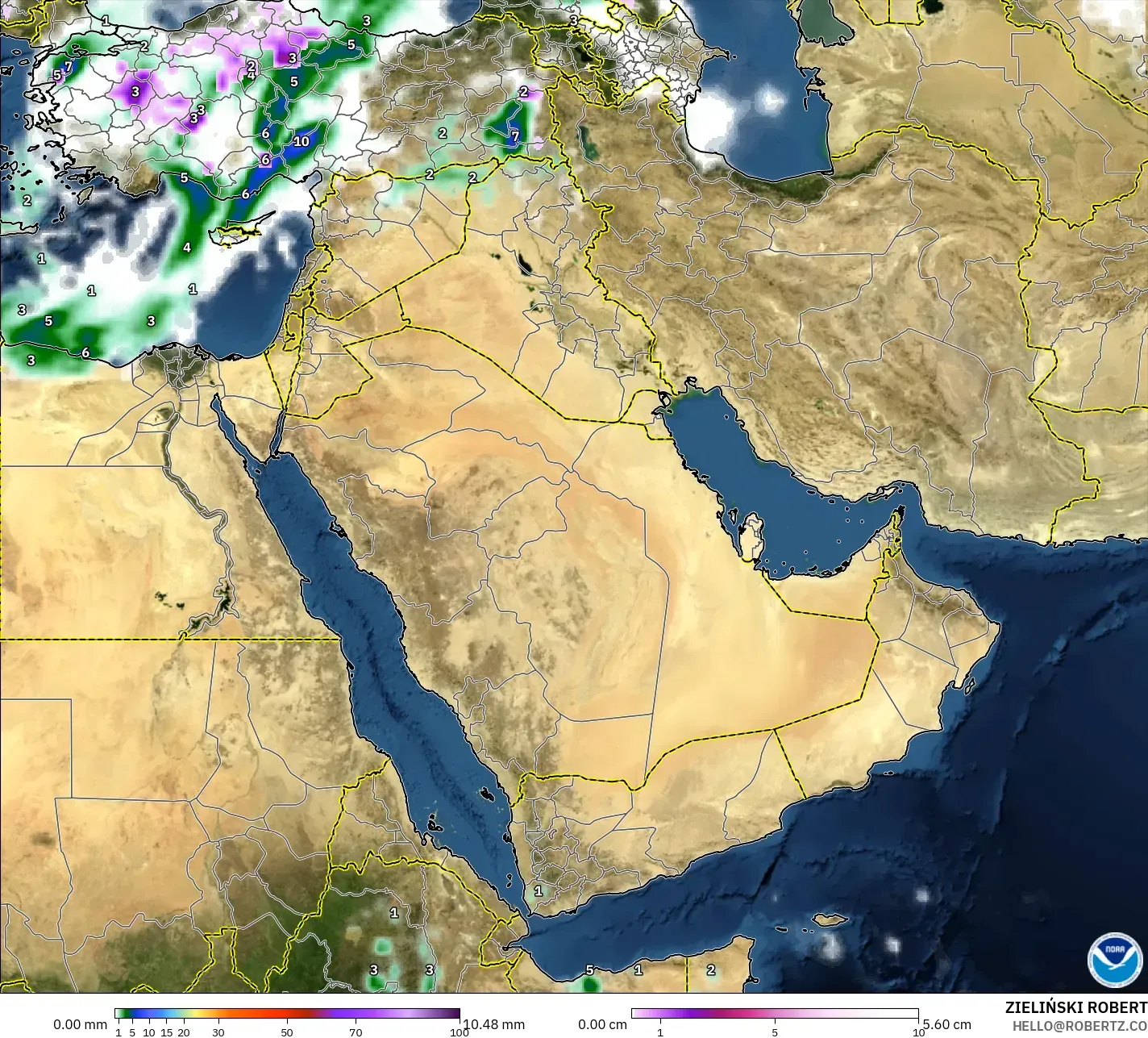 GFS model - Middle East, Precipitation, Clouds, and Pressure