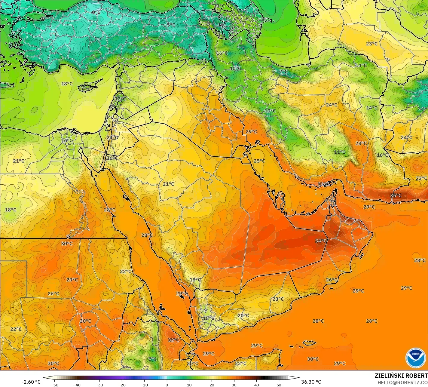 GFS model - Middle East, Temperature at 2m