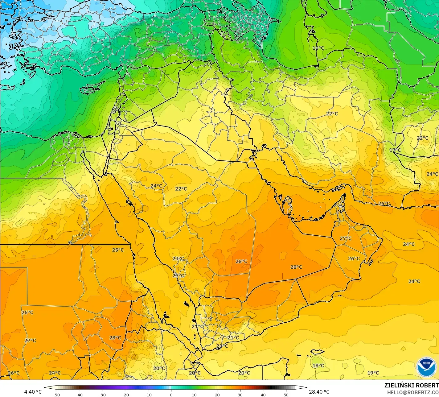 GFS model - Middle East, Temperature at 850hPa