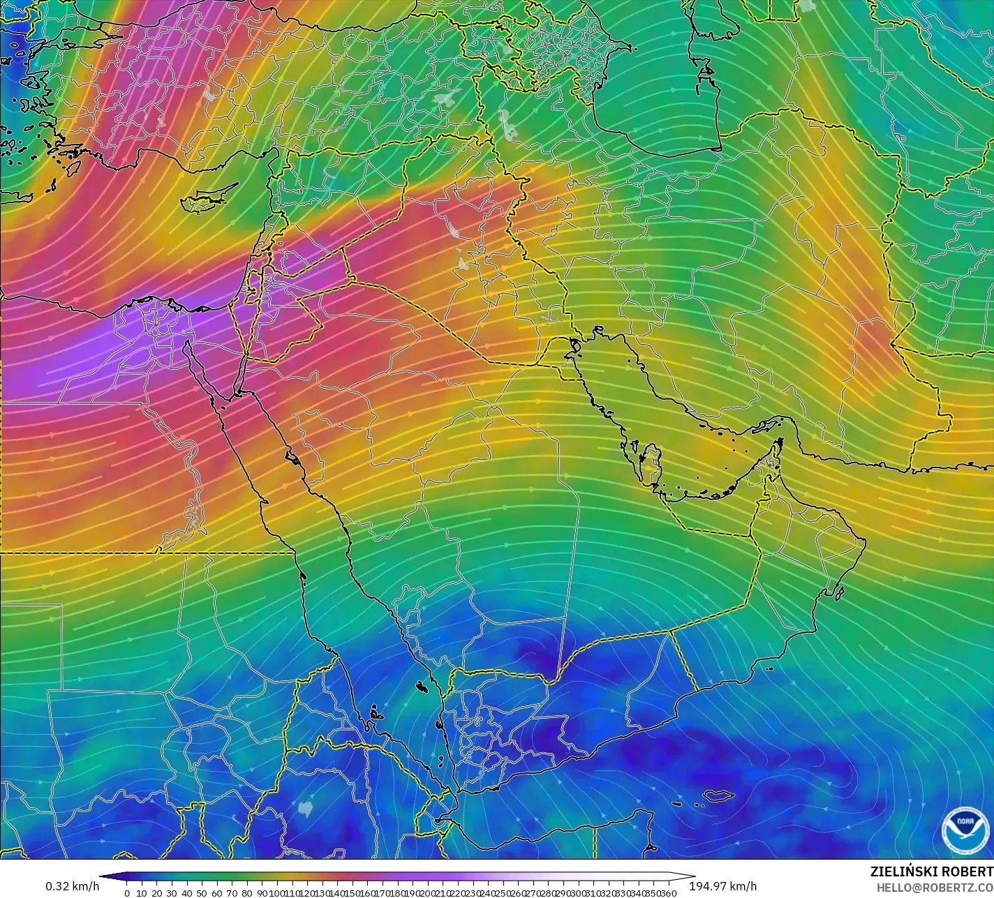 GFS model - Middle East, Wind at 300hPa (jet stream)