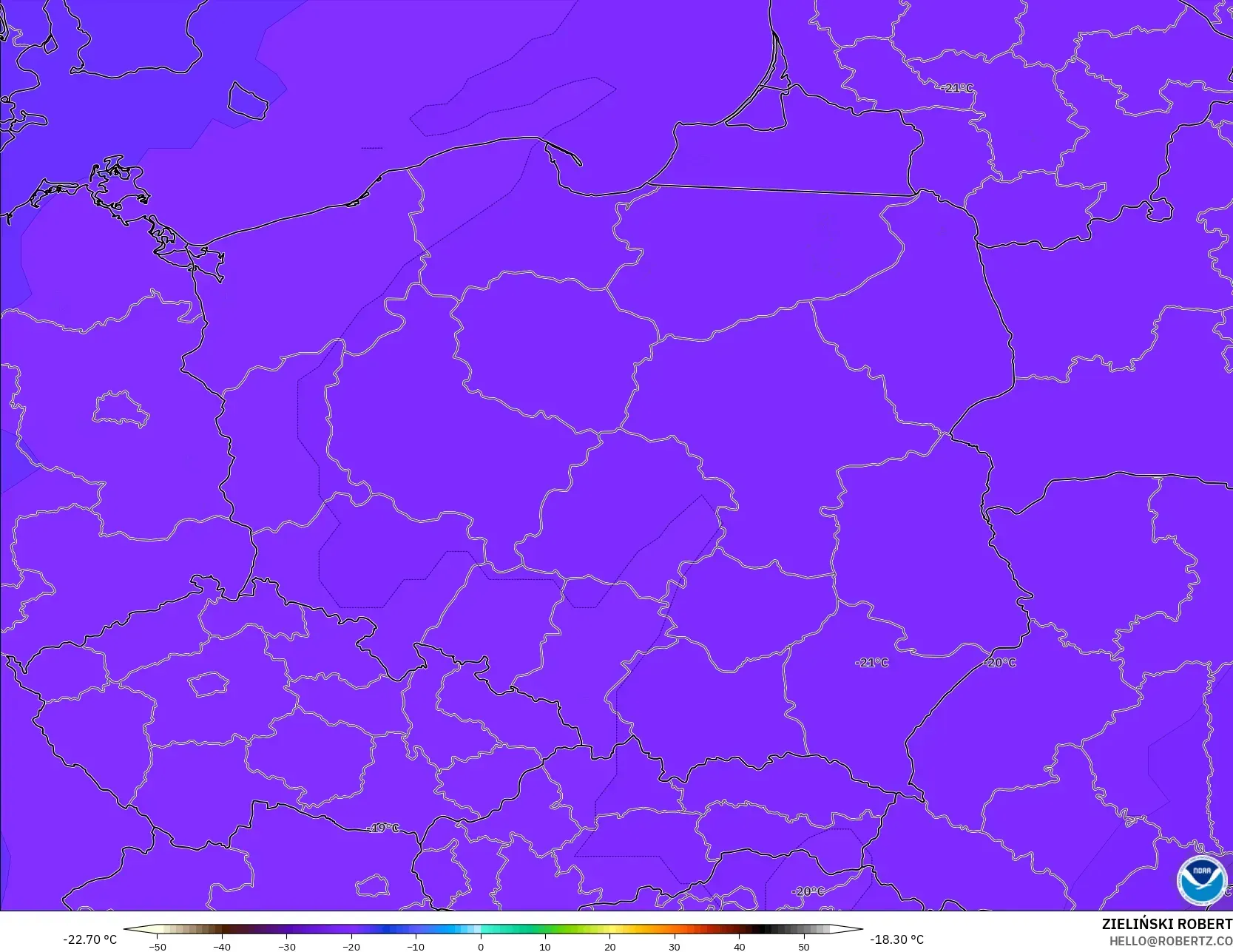 GFS model - Poland, Temperature at 500hPa