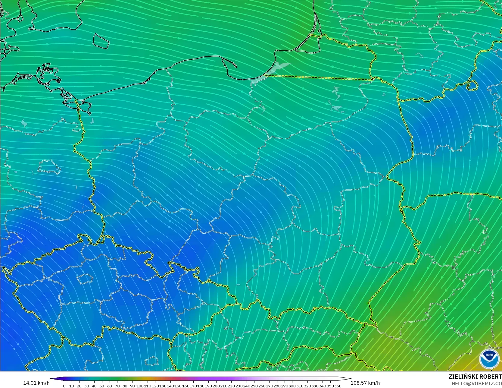 GFS model - Poland, Wind at 300hPa (jet stream)