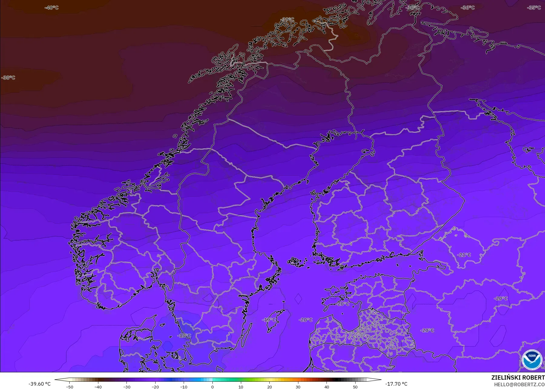 GFS model - Scandinavia, Temperature at 500hPa