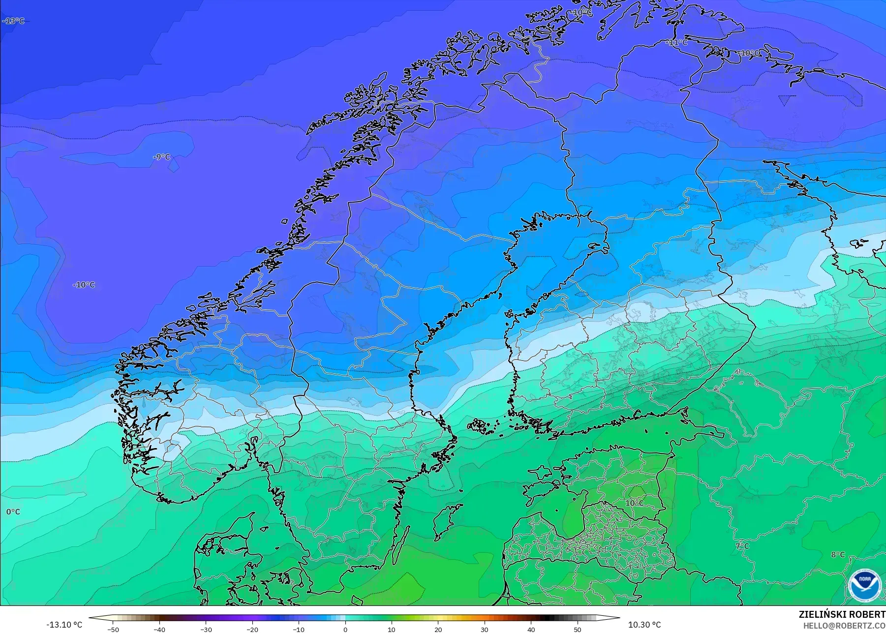 GFS model - Scandinavia, Temperature at 850hPa
