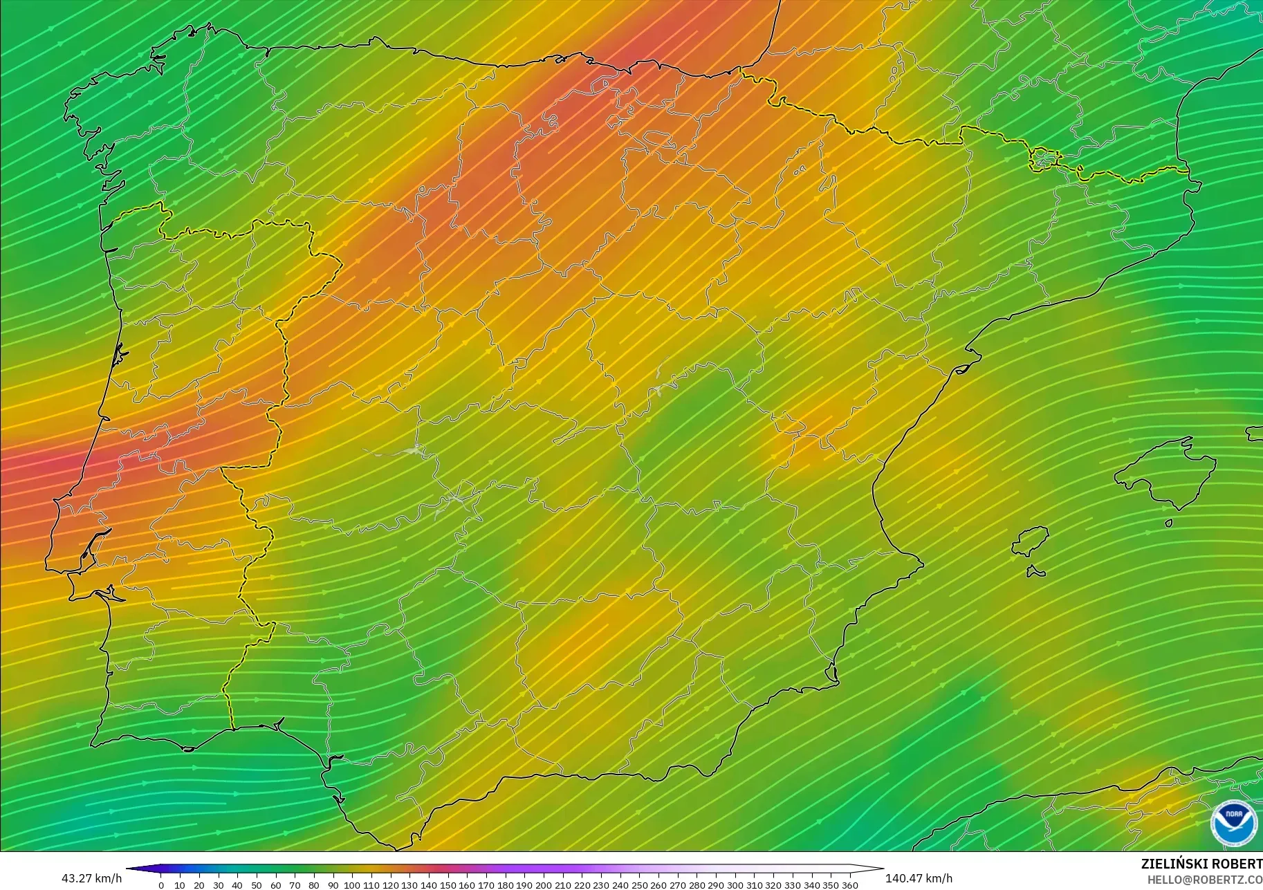 GFS model - Spain, Wind at 300hPa (jet stream)