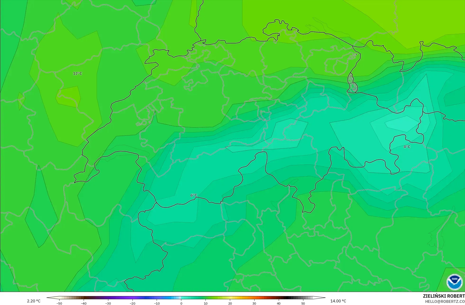 GFS model - Switzerland, Temperature at 850hPa