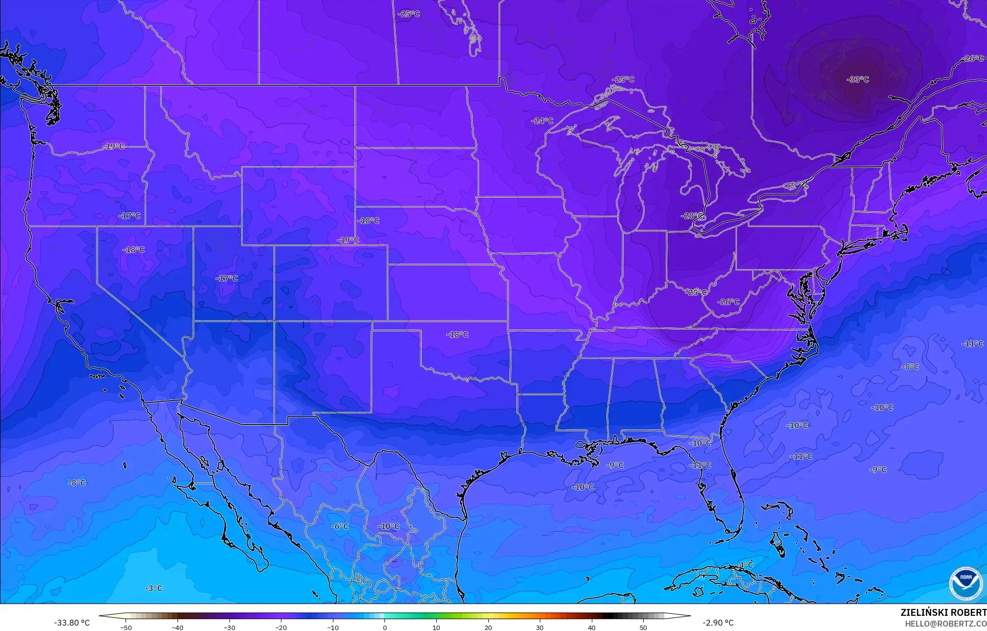 GFS model - United States, Temperature at 500hPa