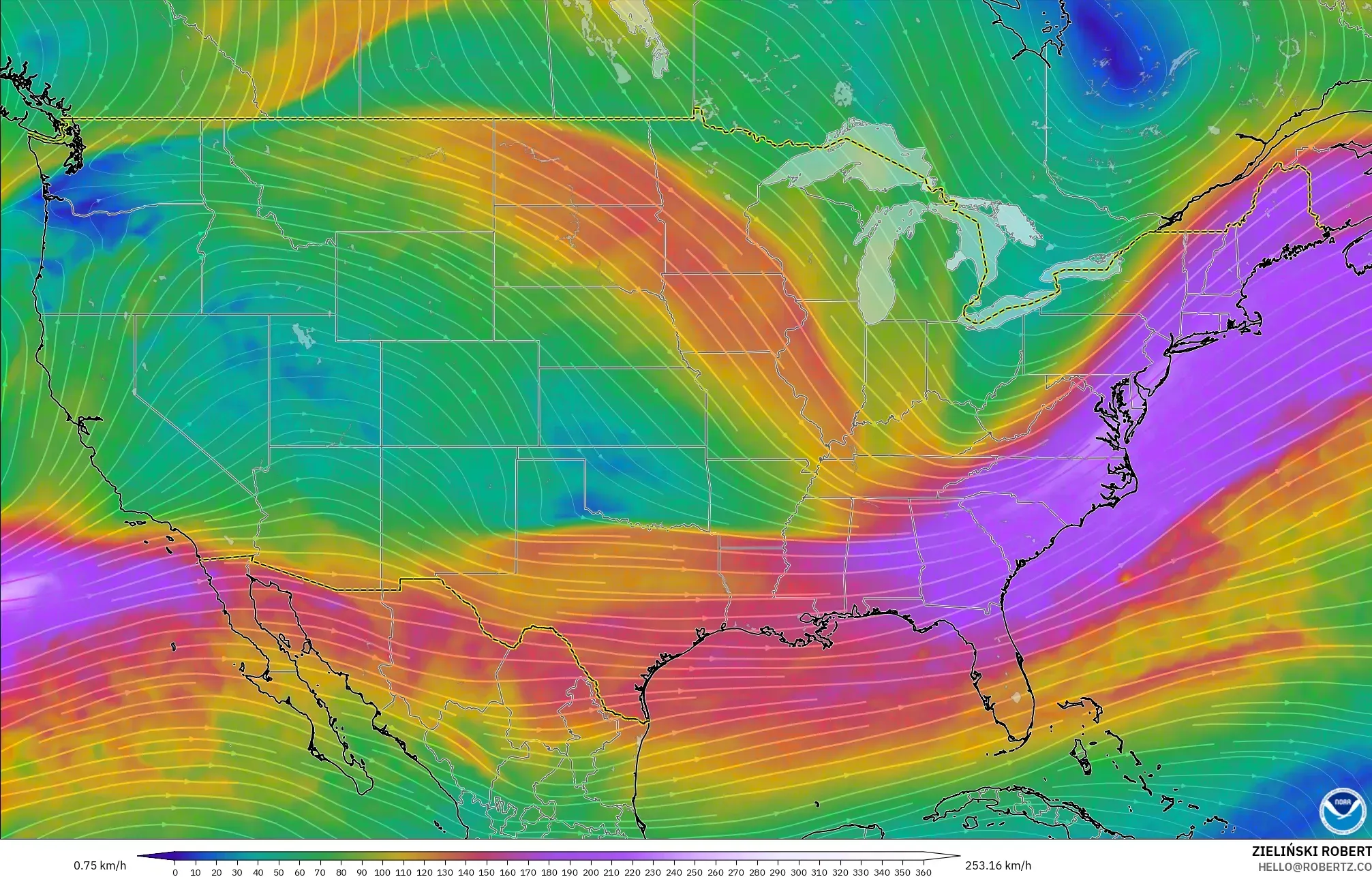GFS model - United States, Wind at 300hPa (jet stream)