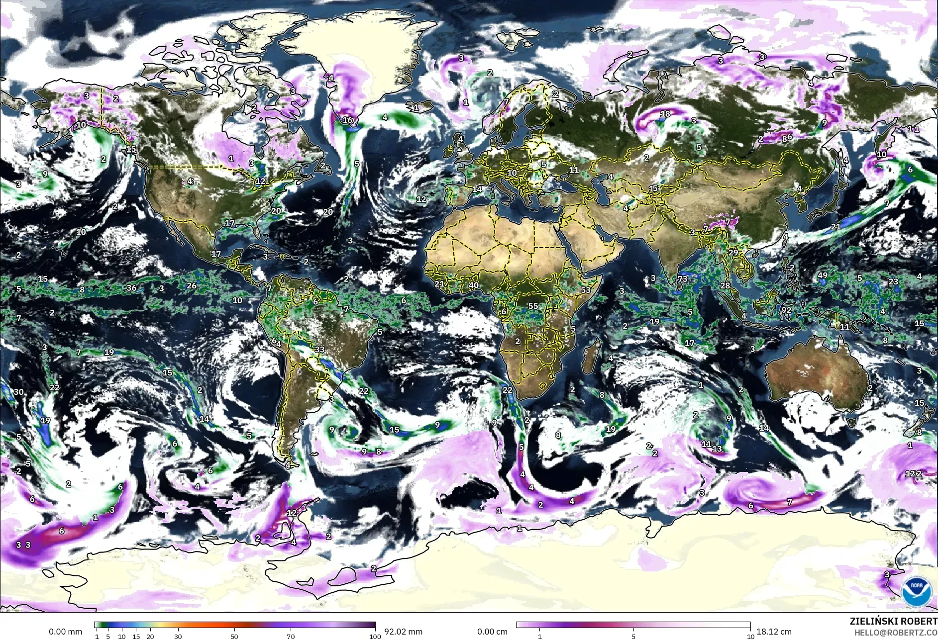 GFS model - World, Precipitation, Clouds, and Pressure