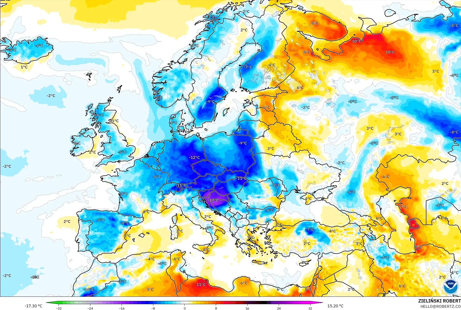 GFS model - Europe, Temperature at 2m Anomaly