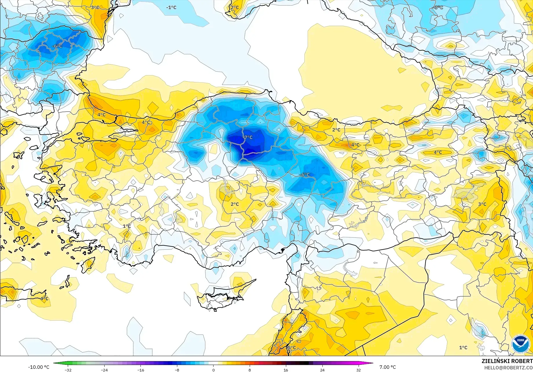 GFS model - Turkey, Temperature at 2m Anomaly